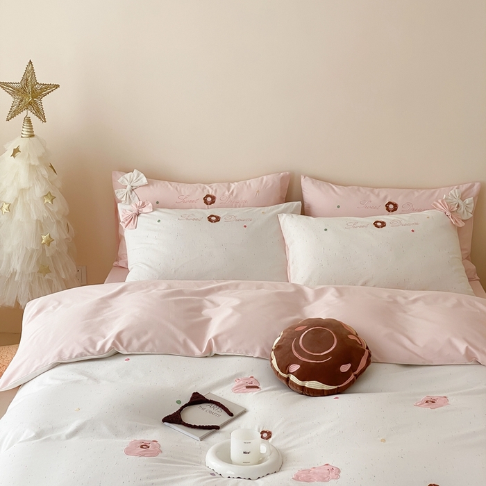 91家纺网 家纺一手货源 找家纺 朗莎 2024新款40S水洗棉四件套 粉猪猪