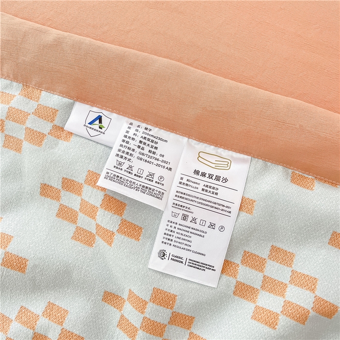 91家纺网 家纺一手货源 找家纺 梵克保罗 2024新款春夏水洗棉麻双层纱夏被四件套 棋盘格