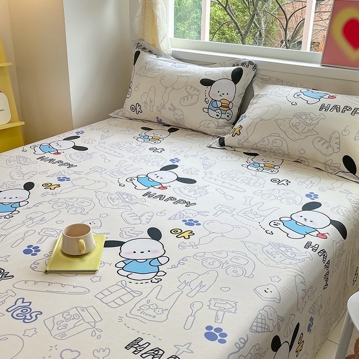 91家纺网 家纺一手货源 找家纺 绵庭家纺 2024新款AB版12868全棉印花单床单 蓝色小狗