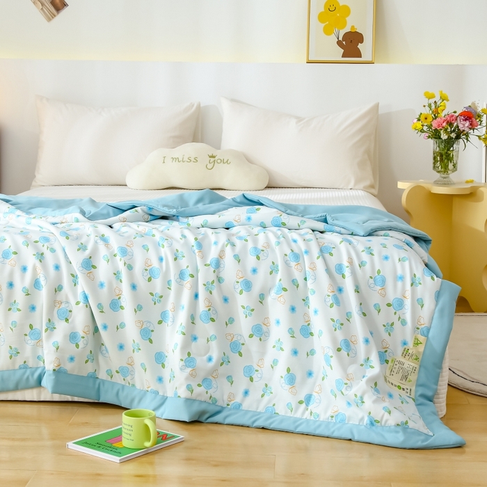 91家纺网 家纺一手货源 找家纺 爱宝被业 2025新款水洗棉麻双层纱夏凉被兰花朵朵