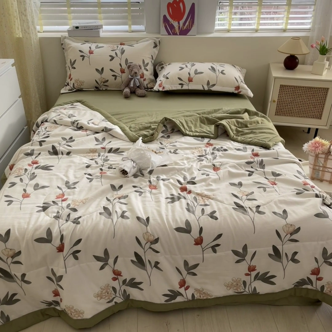 91家纺网 家纺一手货源 找家纺 梵克保罗 2024新款春夏水洗棉麻双层纱夏被四件套 乔凝