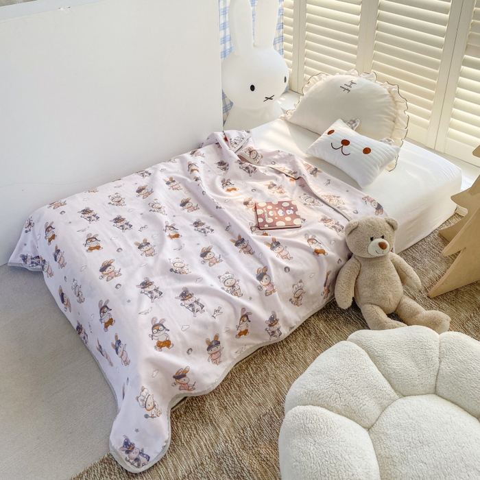 91家纺网 家纺一手货源 找家纺 潮邦 2025新款全棉双层纱多功能盖毯 兔之园