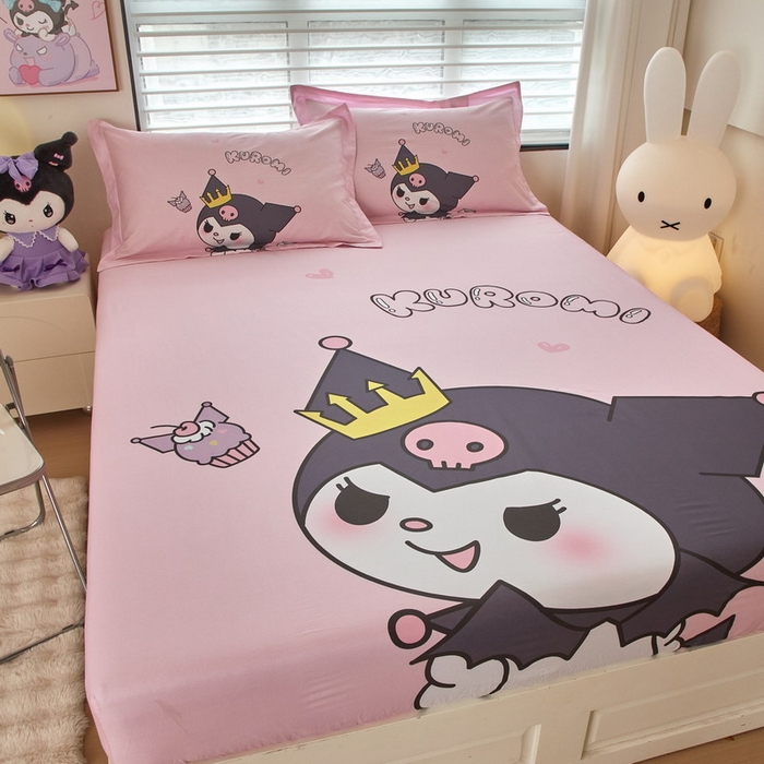 91家纺网 家纺一手货源 找家纺 蘭菲家纺 2024新款全棉大版三丽鸥卡通单床笠 粉巴库