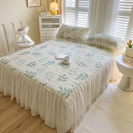 慕澄家纺 2024新款小版印花床裙款乳胶凉席三件套 床裙款-绿叶