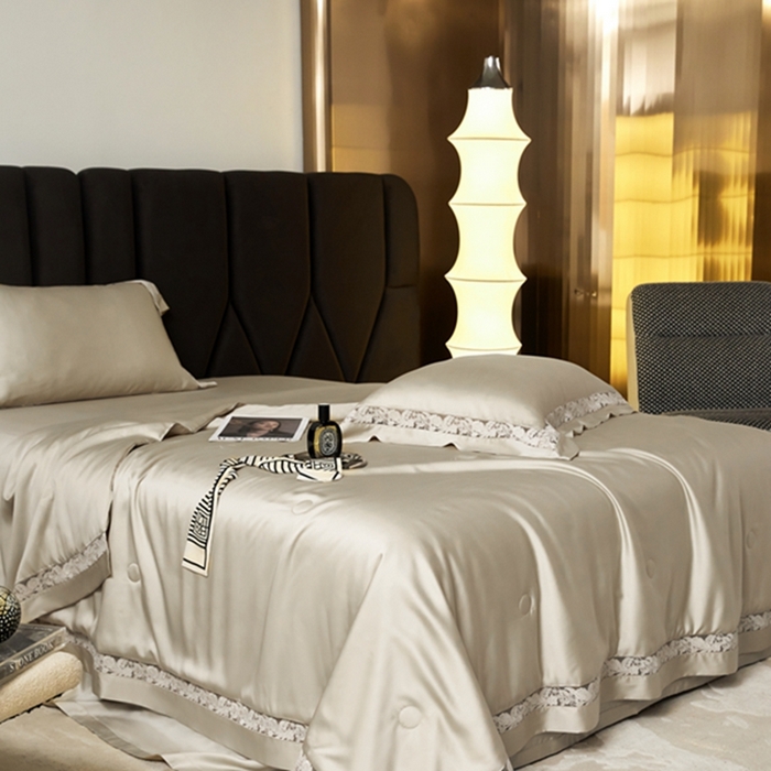 91家纺网 家纺一手货源 找家纺 榻尚家居 2024新款天丝棉镂空夏被四件套-云绡系列 云绡-金芥天丝棉夏被四件套