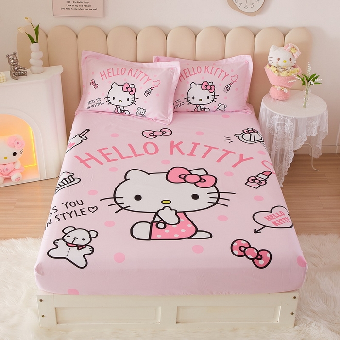 91家纺网 家纺一手货源 找家纺 蘭菲家纺 2024新款全棉大版三丽鸥卡通单床笠 甜心KT