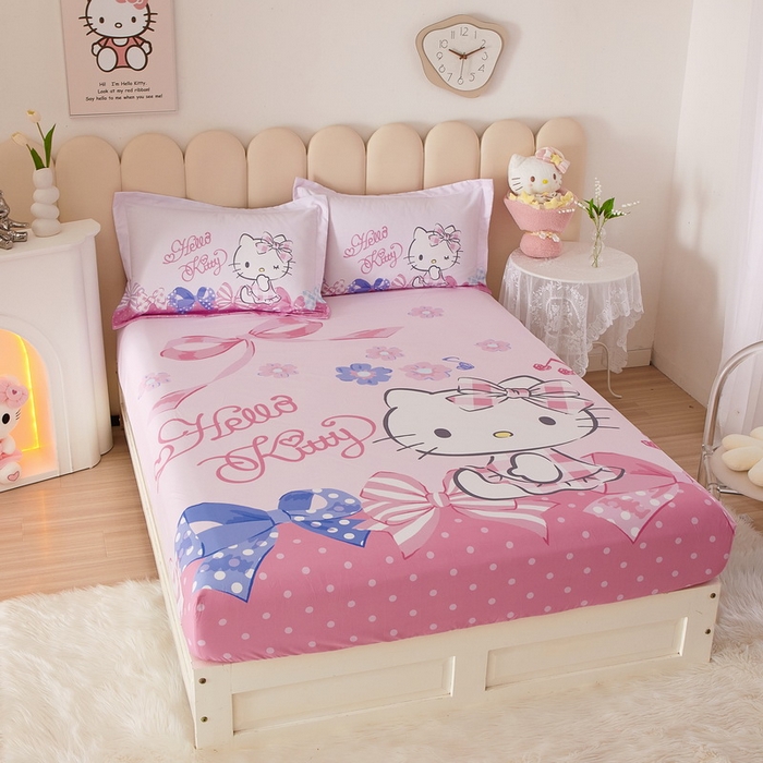 91家纺网 家纺一手货源 找家纺 蘭菲家纺 2024新款全棉大版三丽鸥卡通单床笠 炫彩KT