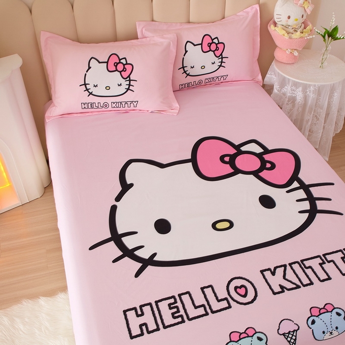 91家纺网 家纺一手货源 找家纺 蘭菲家纺 2024新款全棉大版三丽鸥卡通单床笠 粉系