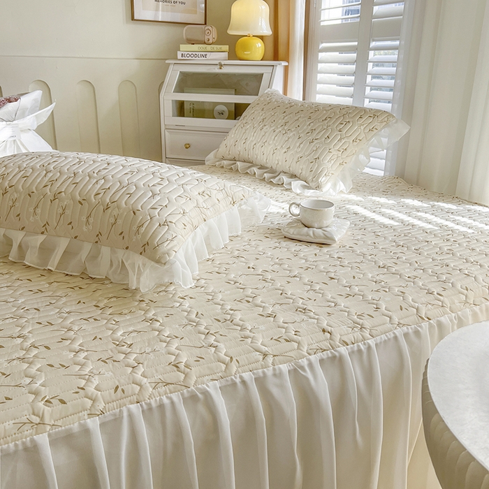 91家纺网 家纺一手货源 找家纺 慕澄家纺 2024新款小版印花床裙款乳胶凉席三件套 床裙款-叶子青青