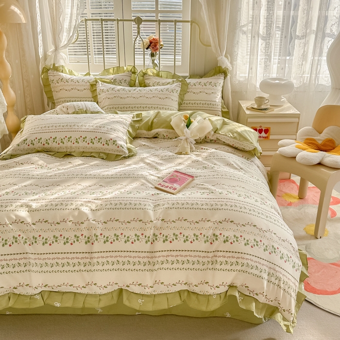 91家纺网 家纺一手货源 找家纺 眠屿 2024新款40支全棉花边四件套 叶雨