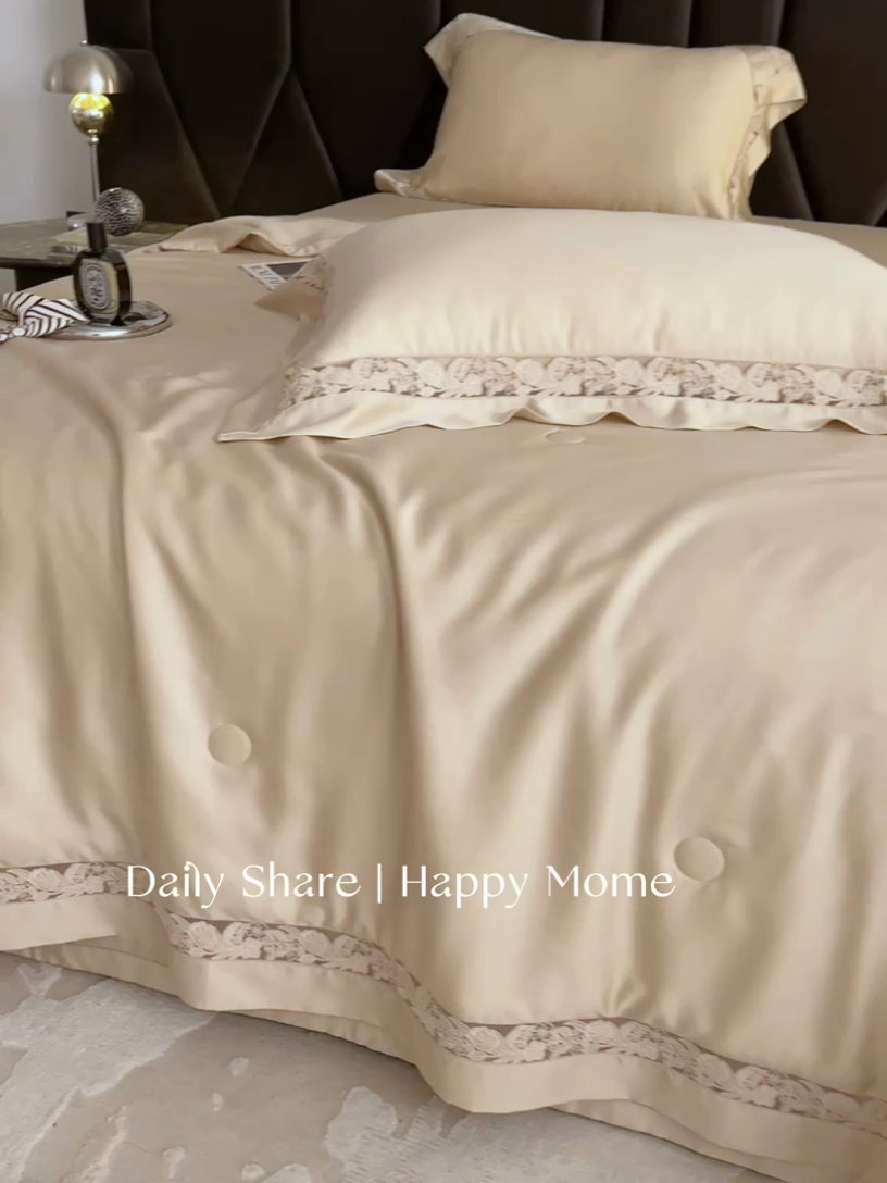 91家纺网 家纺一手货源 找家纺 榻尚家居 2024新款天丝棉镂空夏被四件套-云绡系列 云绡-金芥天丝棉夏被四件套