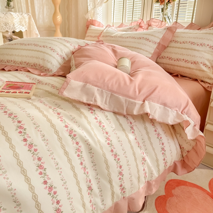 91家纺网 家纺一手货源 找家纺 眠屿 2024新款40支全棉花边四件套 柔美花秀