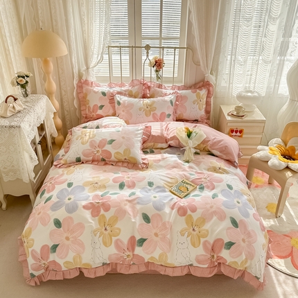 眠屿 2024新款40支全棉花边四件套 浅尝心动