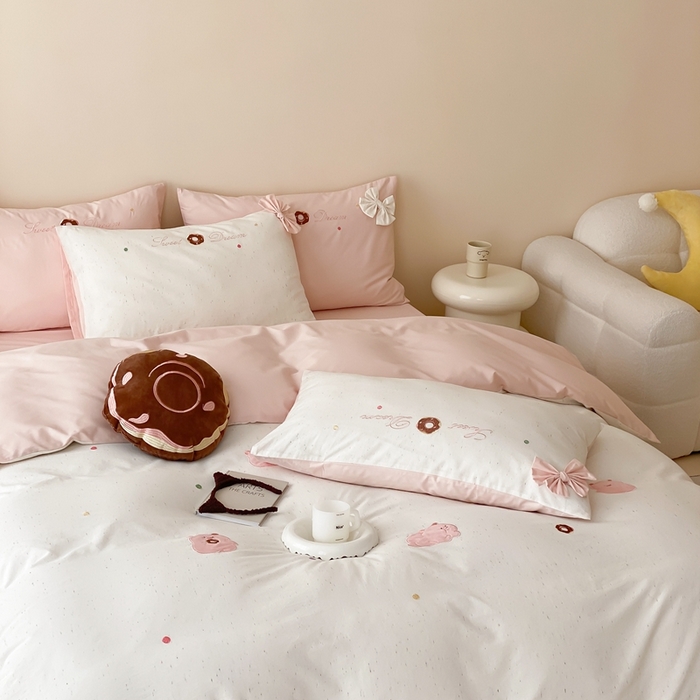 91家纺网 家纺一手货源 找家纺 朗莎 2024新款40S水洗棉四件套 粉猪猪