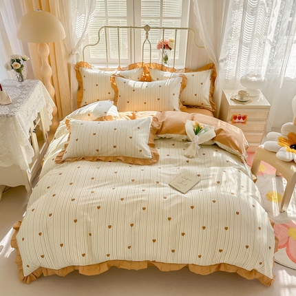 眠屿 2024新款40支全棉花边四件套 爱心条纹