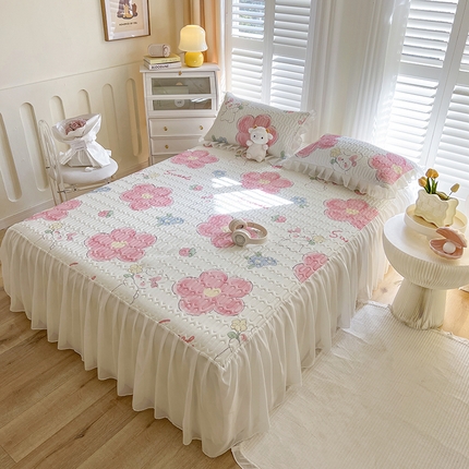 慕澄家纺 2024新款小版印花床裙款乳胶凉席三件套 床裙款-心花怒放