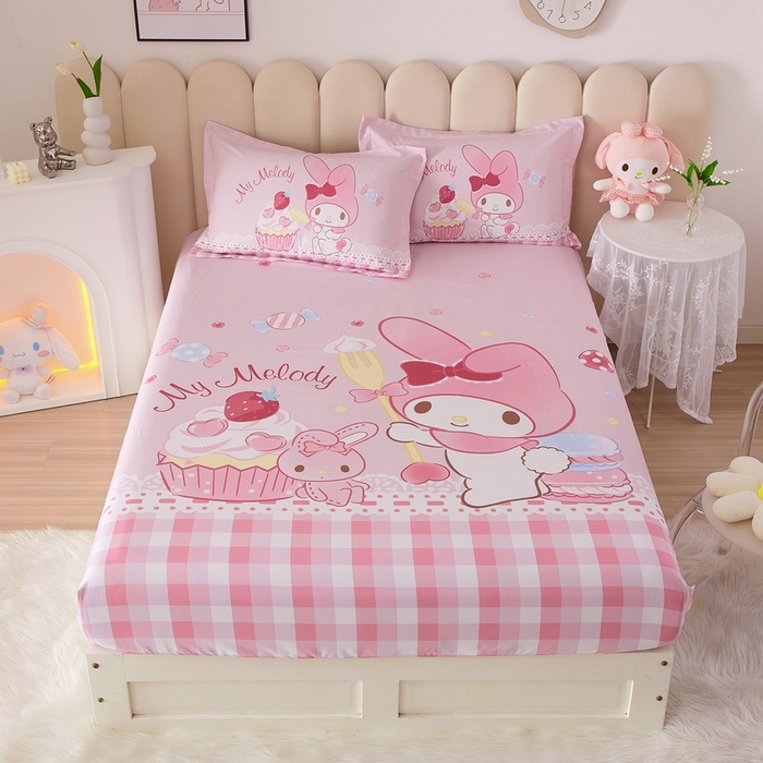 91家纺网 家纺一手货源 找家纺 蘭菲家纺 2024新款全棉大版三丽鸥卡通单床笠 节日快乐