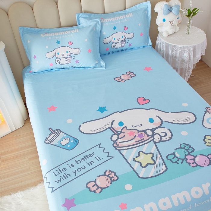 91家纺网 家纺一手货源 找家纺 蘭菲家纺 2024新款全棉大版三丽鸥卡通单床笠 奶茶来了