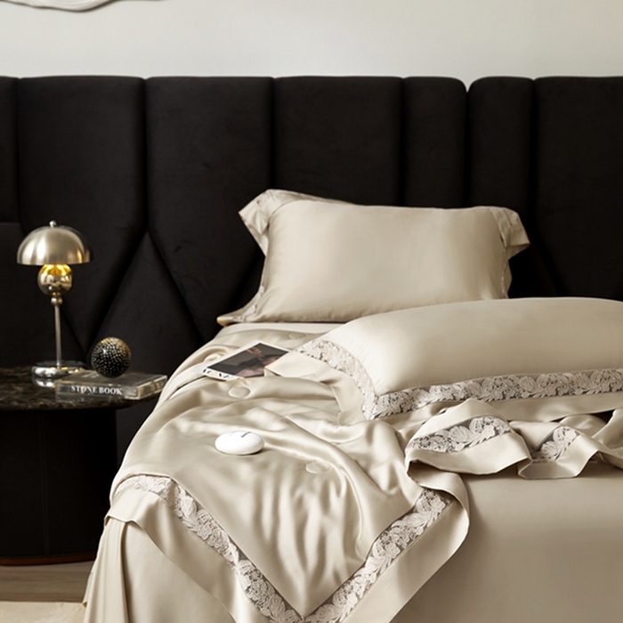 91家纺网 家纺一手货源 找家纺 榻尚家居 2024新款天丝棉镂空夏被四件套-云绡系列 云绡-金芥天丝棉夏被四件套