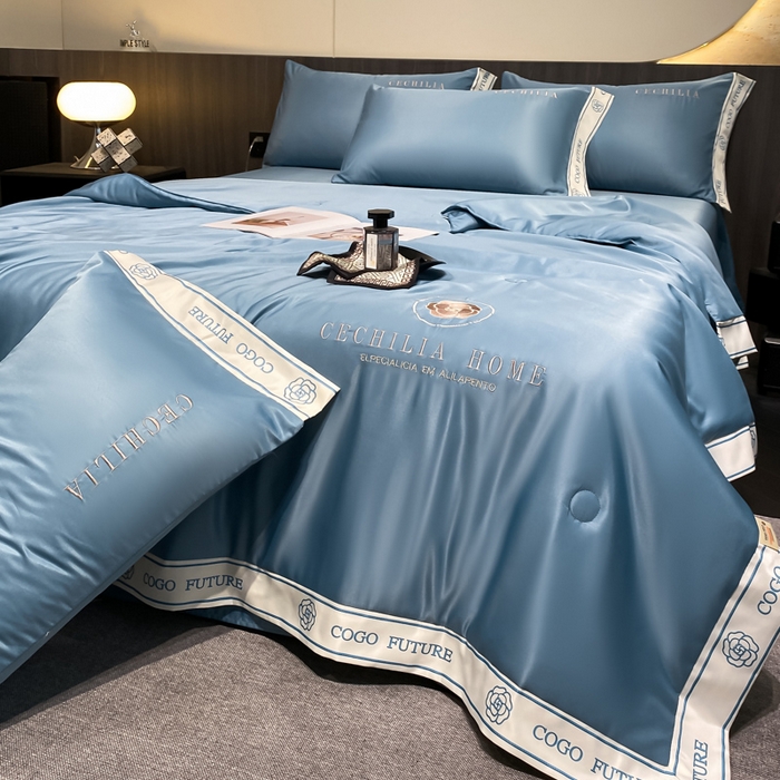 91家纺网 家纺一手货源 找家纺 2025新款 水洗真丝四件套-香蜜 香蜜-海水蓝