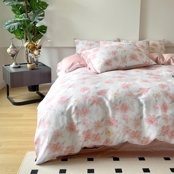 91家纺网 家纺一手货源 找家纺 千朵 2024新款莱赛尔天丝四件套 妙花粉