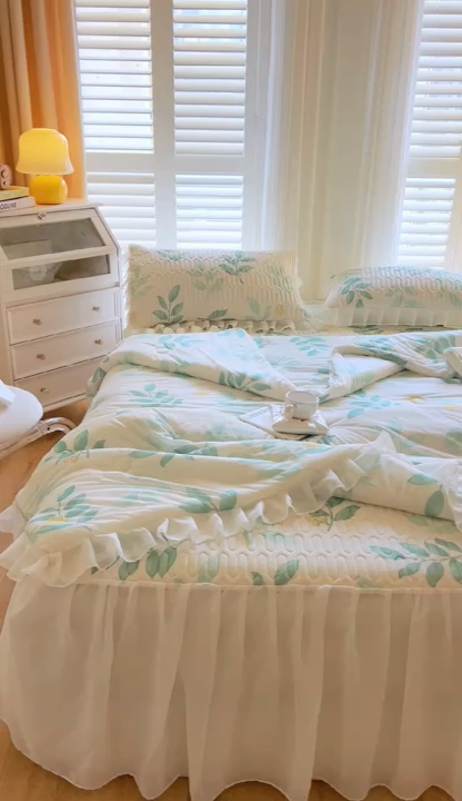 91家纺网 家纺一手货源 找家纺 慕澄家纺 2024新款小版印花床裙款乳胶凉席三件套 床裙款-绿叶