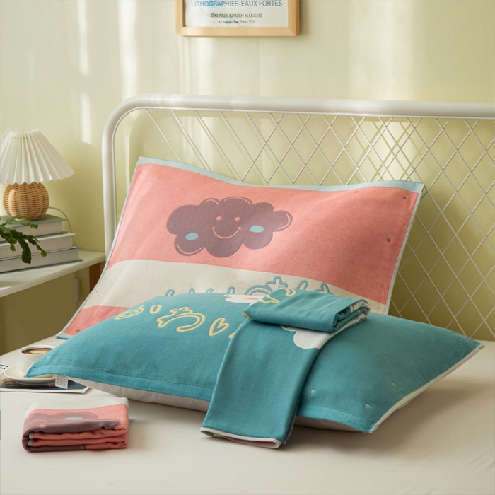 91家纺网 家纺一手货源 找家纺 朴尔家纺-毛巾被 2024新款卡通风格全棉四层纱布枕巾 云朵-绿