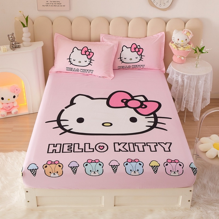 91家纺网 家纺一手货源 找家纺 蘭菲家纺 2024新款全棉大版三丽鸥卡通单床笠 粉系