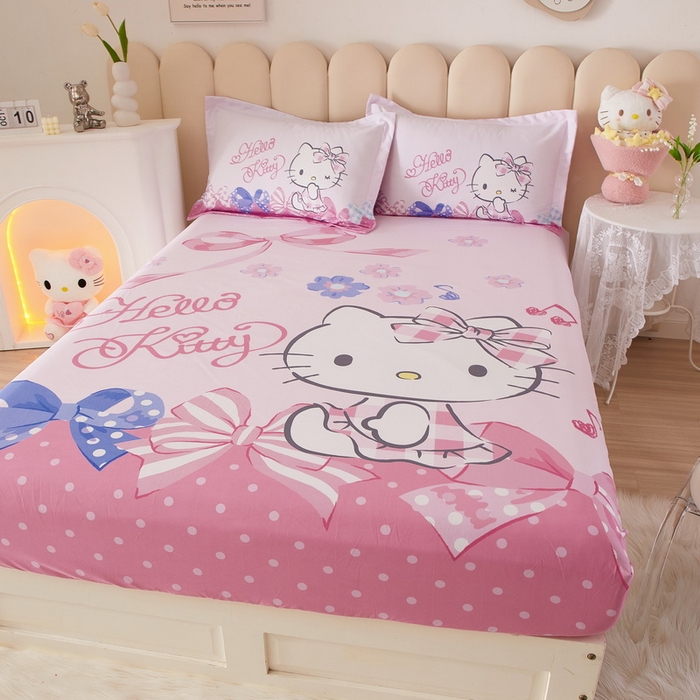 91家纺网 家纺一手货源 找家纺 蘭菲家纺 2024新款全棉大版三丽鸥卡通单床笠 炫彩KT