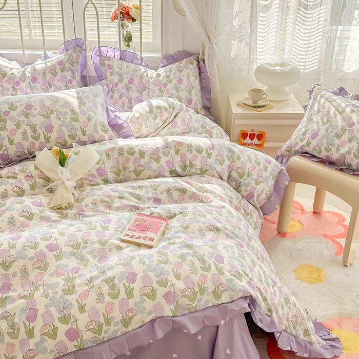 91家纺网 家纺一手货源 找家纺 眠屿 2024新款40支全棉花边四件套 春之画卷