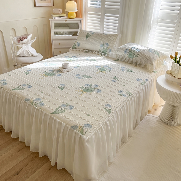 91家纺网 家纺一手货源 找家纺 慕澄家纺 2024新款小版印花床裙款乳胶凉席三件套 床裙款-祈愿