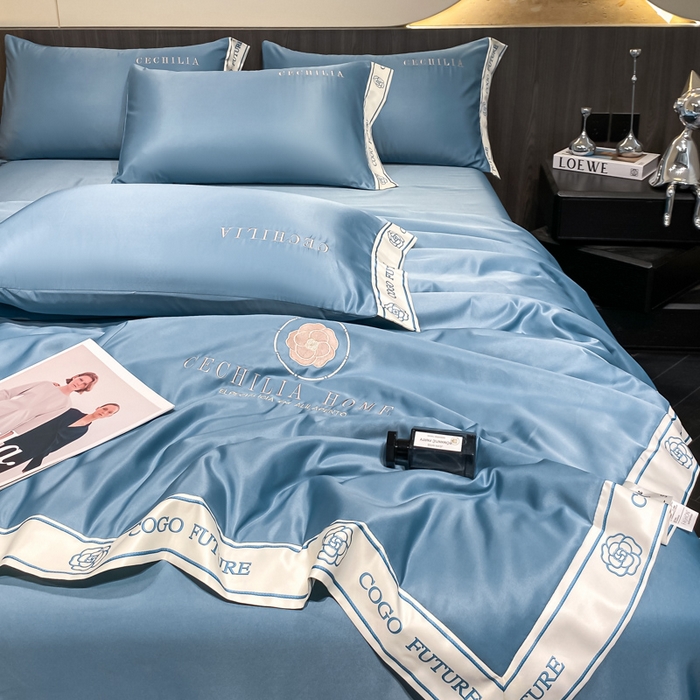 91家纺网 家纺一手货源 找家纺 2025新款 水洗真丝四件套-香蜜 香蜜-海水蓝