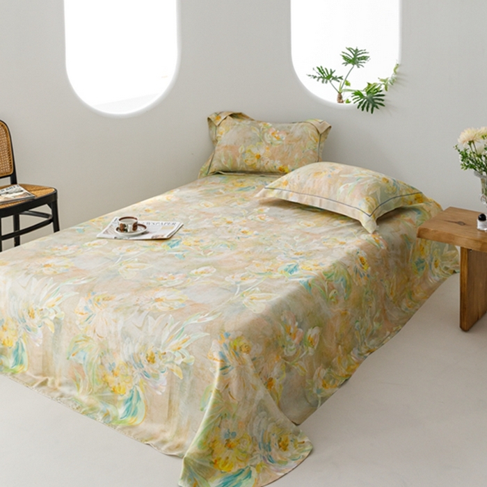 91家纺网 家纺一手货源 找家纺 2024 竹席冰丝竹纤维凉席空调席印花席子凉席三件套冰凉感软席子 油画杏