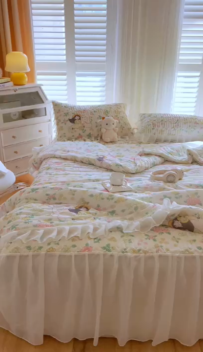 91家纺网 家纺一手货源 找家纺 慕澄家纺 2024新款小版印花床裙款乳胶凉席凉感丝夏被四件套 床裙款-夏天