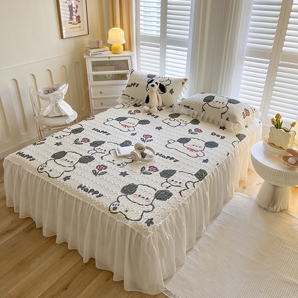 91家纺网 家纺一手货源 找家纺 慕澄家纺 2024新款小版印花床裙款乳胶凉席三件套 床裙款-快乐小狗