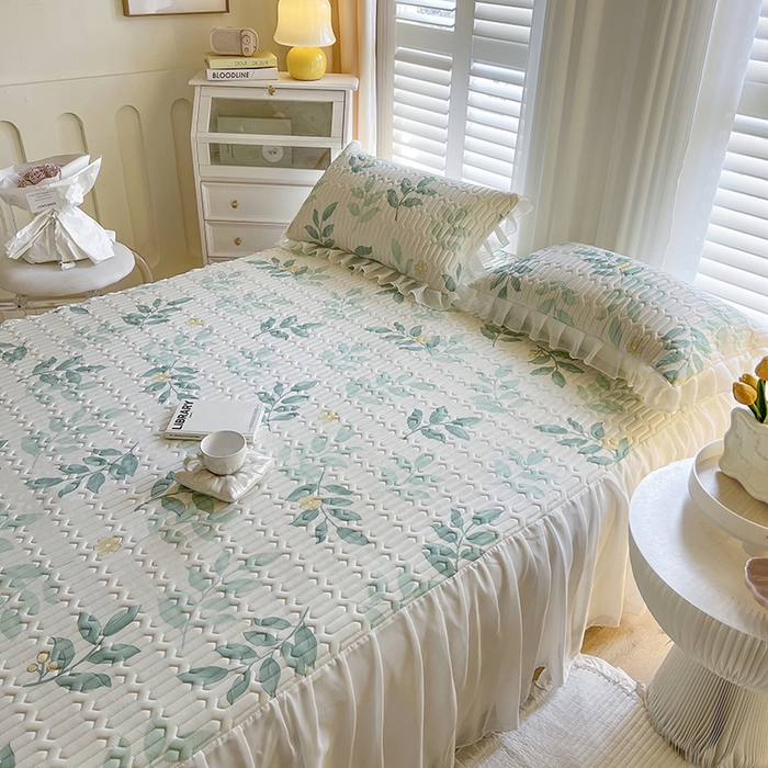 91家纺网 家纺一手货源 找家纺 慕澄家纺 2024新款小版印花床裙款乳胶凉席三件套 床裙款-绿叶