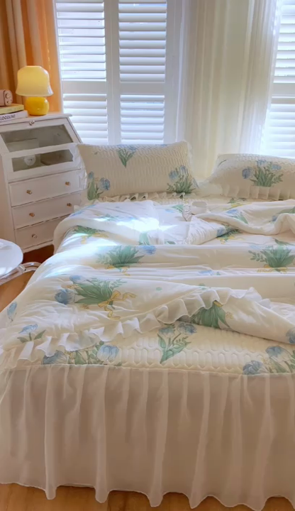 91家纺网 家纺一手货源 找家纺 慕澄家纺 2024新款小版印花床裙款乳胶凉席三件套 床裙款-祈愿