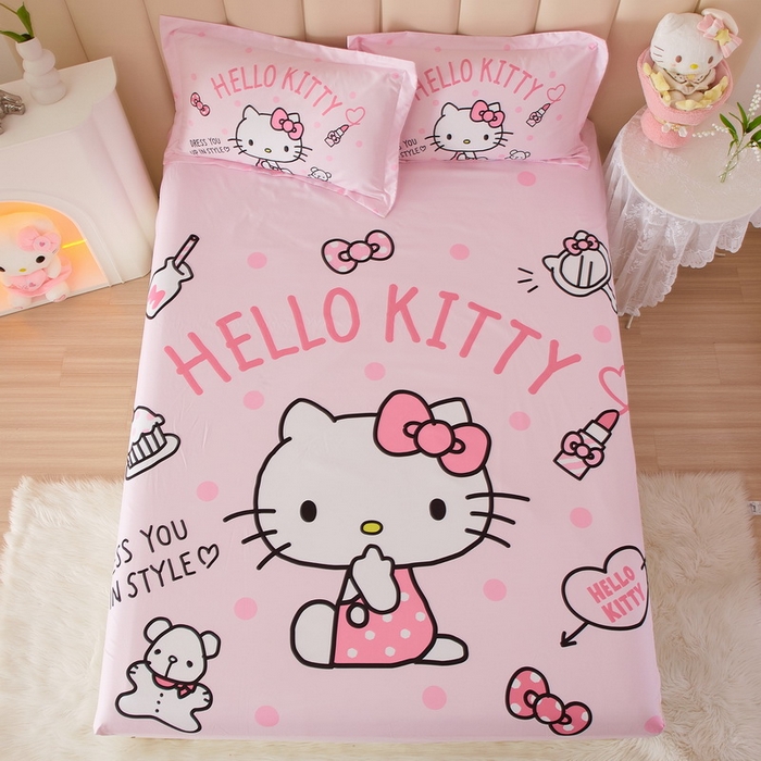 91家纺网 家纺一手货源 找家纺 蘭菲家纺 2024新款全棉大版三丽鸥卡通单床笠 甜心KT