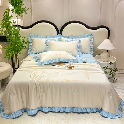 91家纺网 家纺一手货源 找家纺 新20 经年2025年水洗真丝韩版夏被一世系列 一世-米白蓝夏被