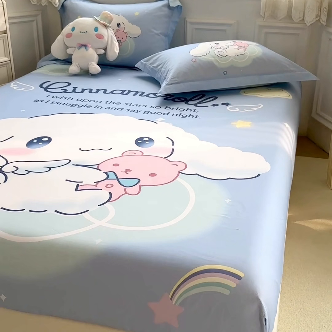 91家纺网 家纺一手货源 找家纺 蘭菲家纺 2024新款全棉大版三丽鸥卡通单床笠 棉花糖