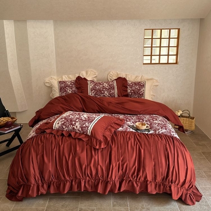 91家纺网 家纺一手货源 找家纺 嗨购家纺 2024新款亲肤舒适100支全棉四件套-花成蜜就 花成蜜就-红