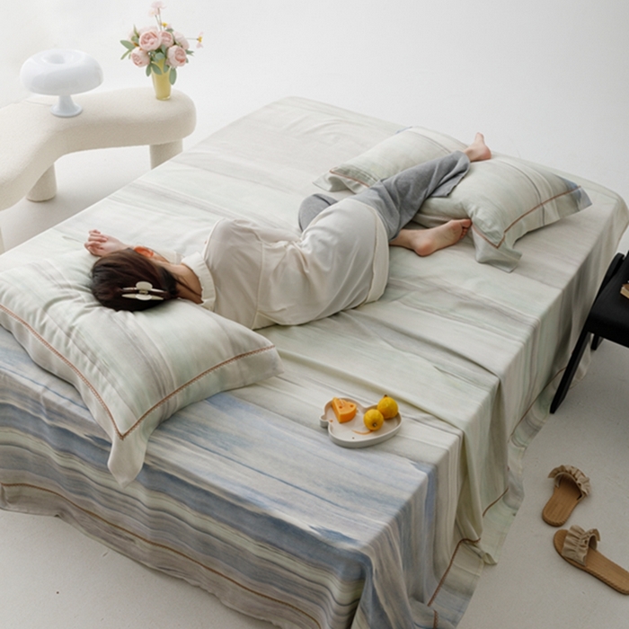 91家纺网 家纺一手货源 找家纺 2024 竹席冰丝竹纤维凉席空调席印花席子凉席三件套冰凉感软席子 大理蓝