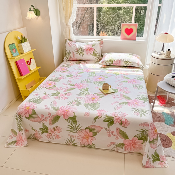 91家纺网 家纺一手货源 找家纺 绵庭家纺 2024新款AB版12868全棉印花单床单 粉朵华颂