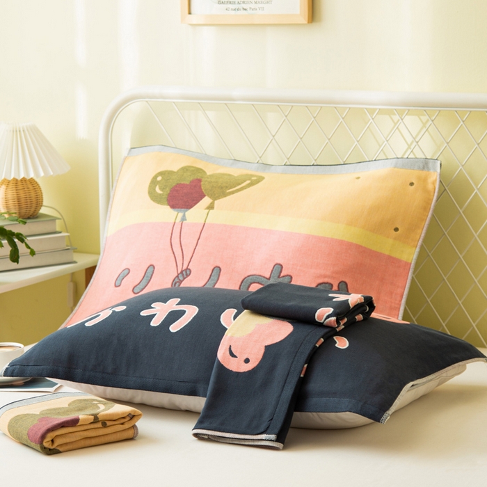 91家纺网 家纺一手货源 找家纺 朴尔家纺-毛巾被 2024新款卡通风格全棉四层纱布枕巾 气球-藏青