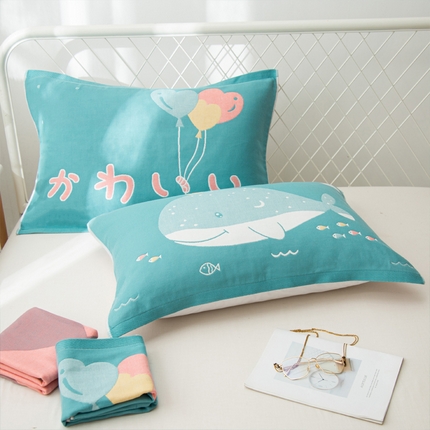 91家纺网 家纺一手货源 找家纺 朴尔家纺-毛巾被 2024新款卡通AB组合全棉四层纱布枕巾52*78cm一对 气球鲸鱼-绿