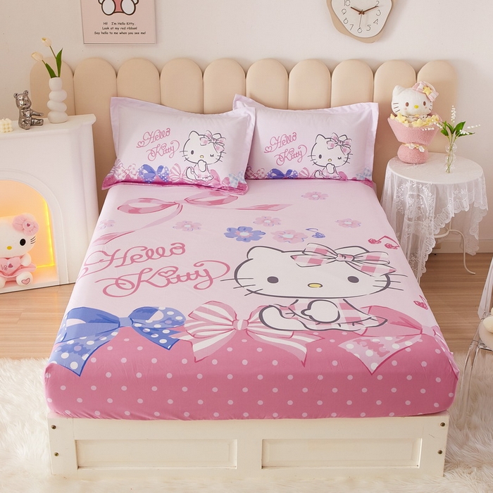 91家纺网 家纺一手货源 找家纺 蘭菲家纺 2024新款全棉大版三丽鸥卡通单床笠 炫彩KT