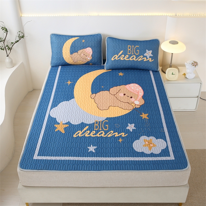 91家纺网 家纺一手货源 找家纺 美丽折家纺 2025新款6mm厚大版卡通乳胶凉席 晚安-蓝