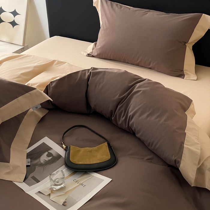 91家纺网 家纺一手货源 找家纺 金麦家纺 2024新款A类全棉水洗棉礼盒装纯色双拼系列四件套 太妃咖-香槟