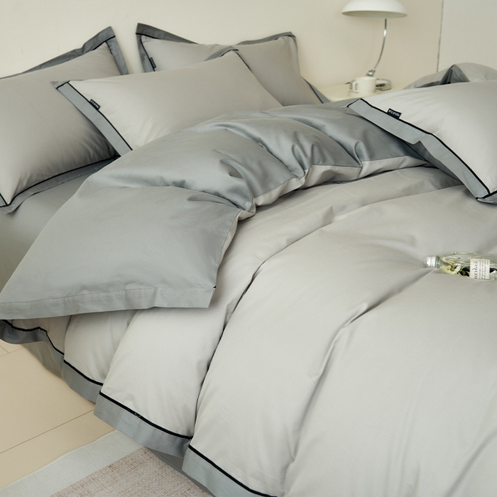 91家纺网 家纺一手货源 找家纺 小懒猪 2024新款全棉斜纹精梳棉双拼色拼角包边款四件套 拼角椰子灰-月岩灰