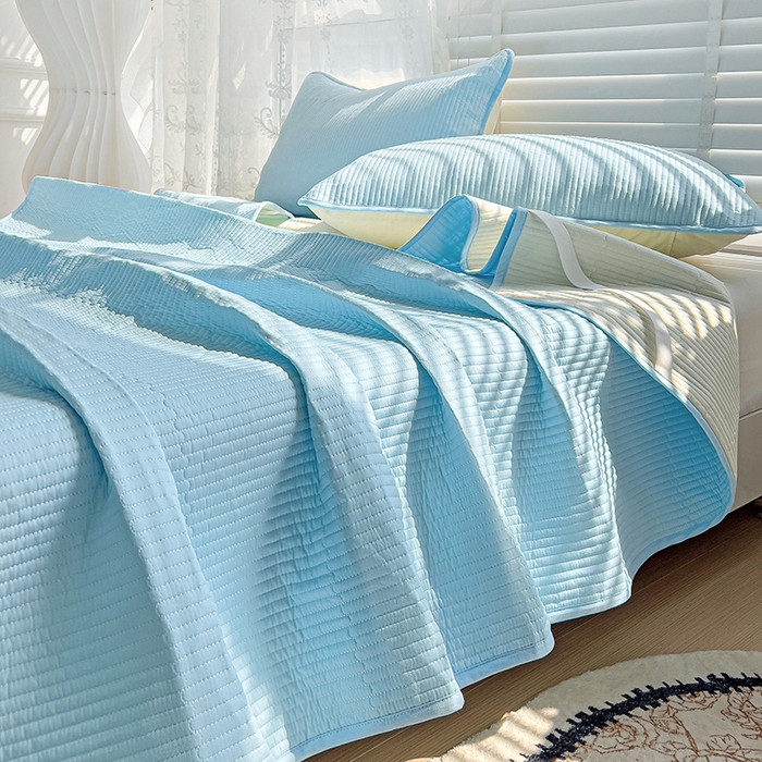 91家纺网 家纺一手货源 找家纺 羽爱2024新款全棉直角纯色床盖床垫 天蓝